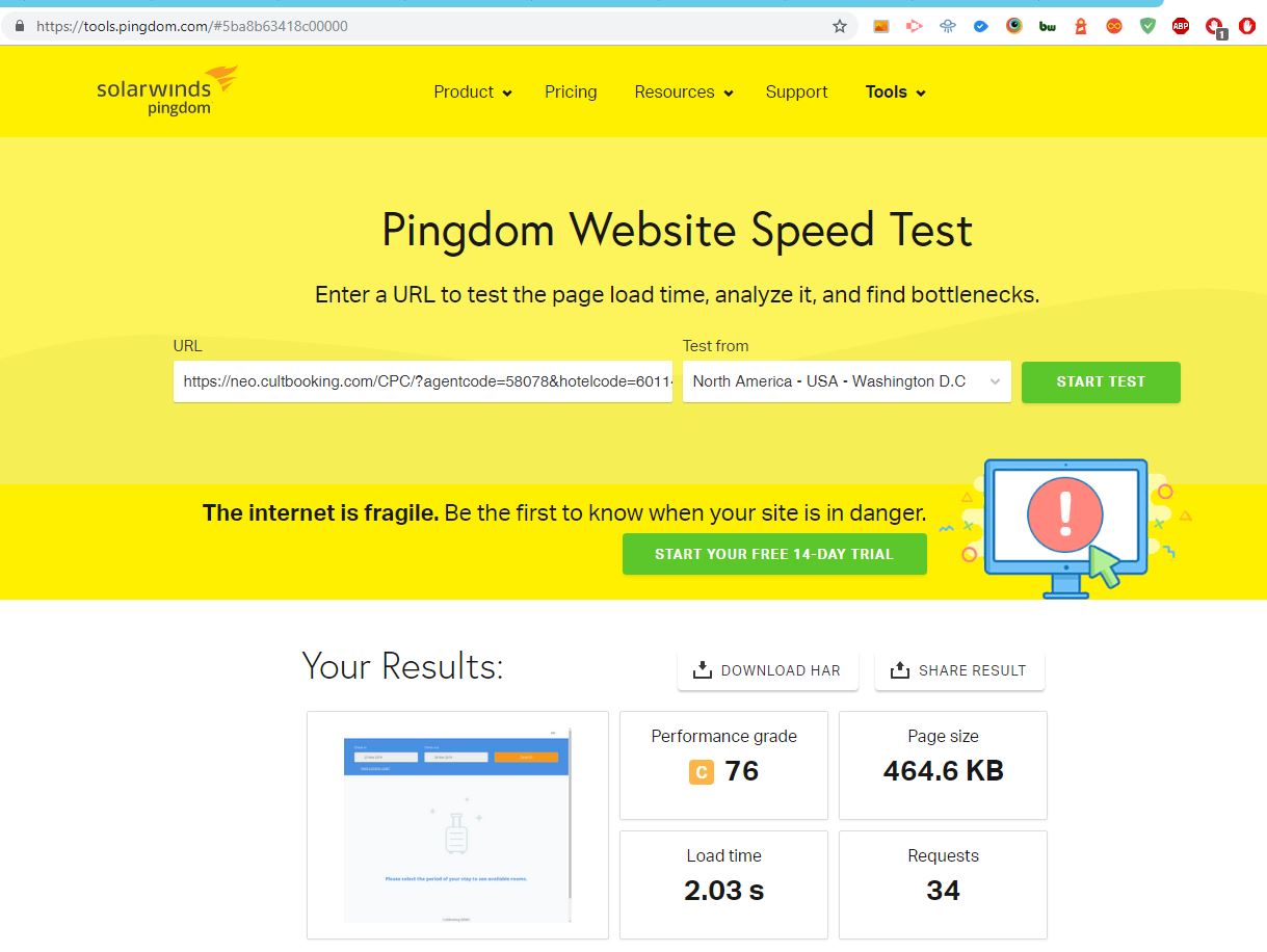 pingdom cultboking page speed